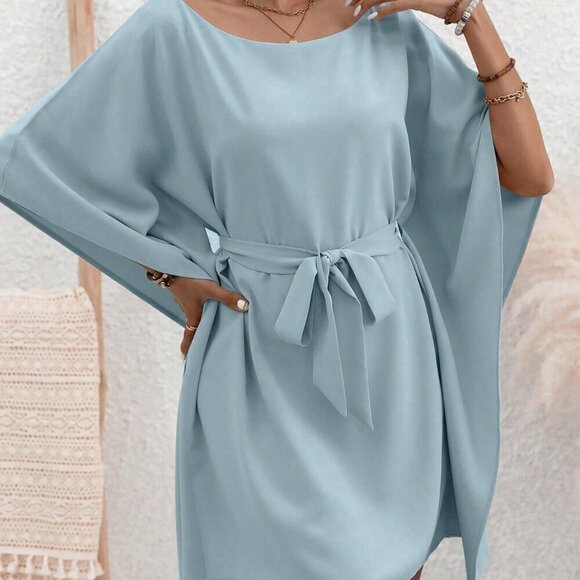 Baby Blue Casual Women's Solid Color Belted Bell Sleeve Dress - Picture 6 of 6